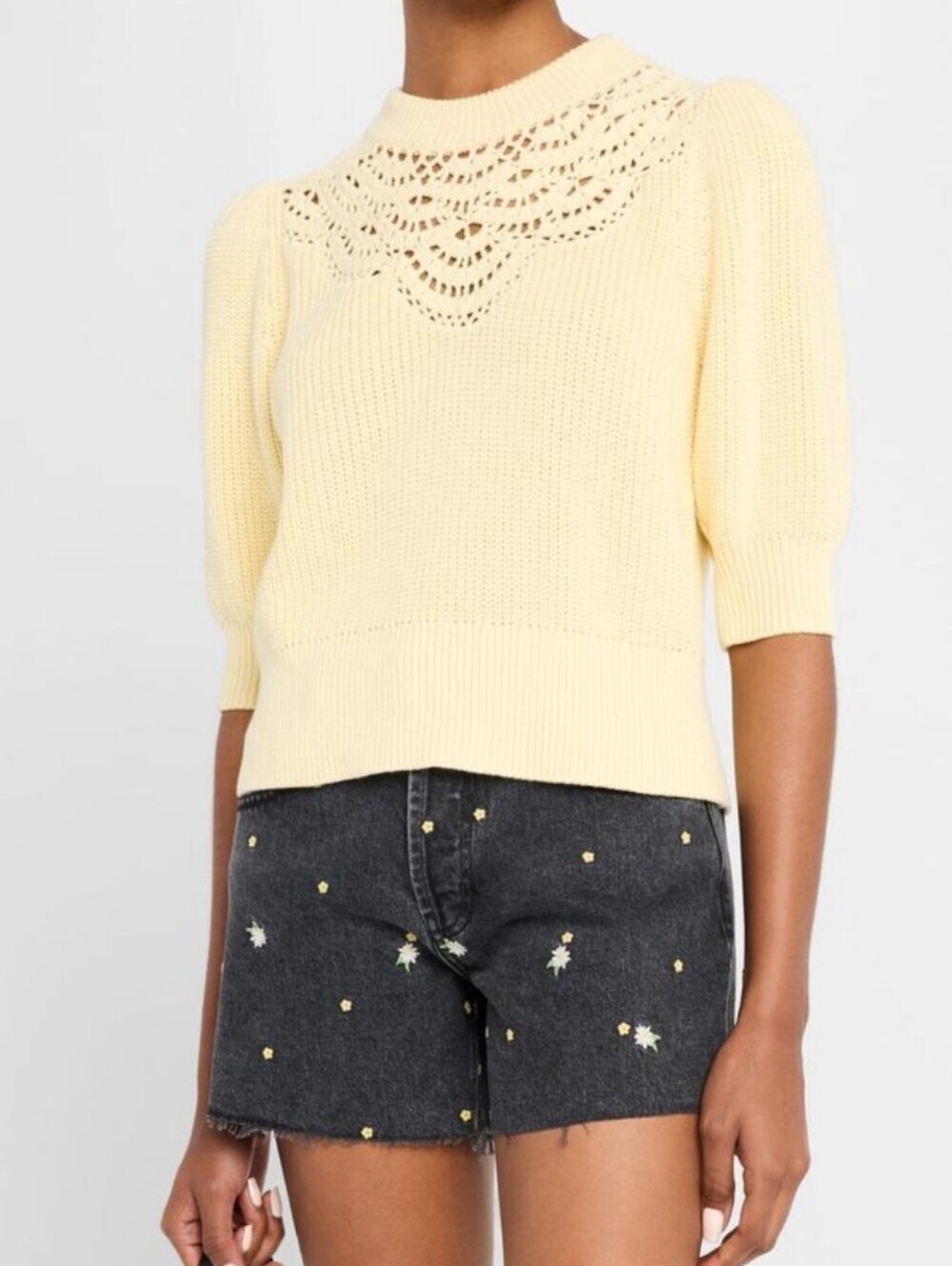 Rails Steph Rib Knit Crochet Mock Neck Puff Sleeve Cotton XS Butter Yellow